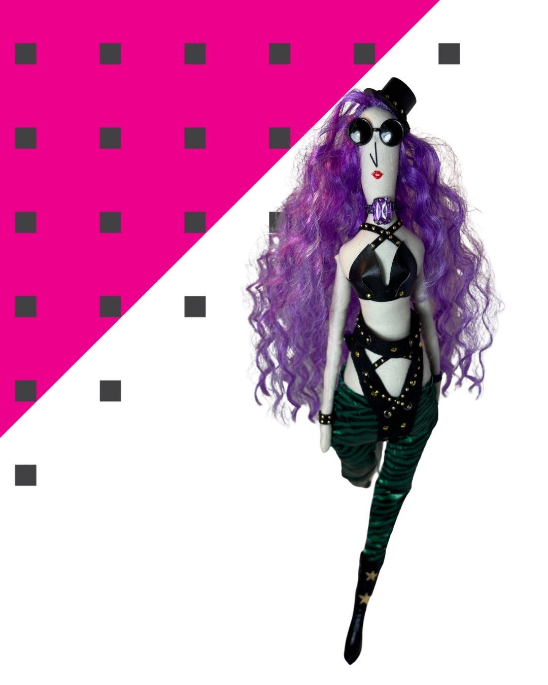Mello Doll with purple hair and a tiny top hat